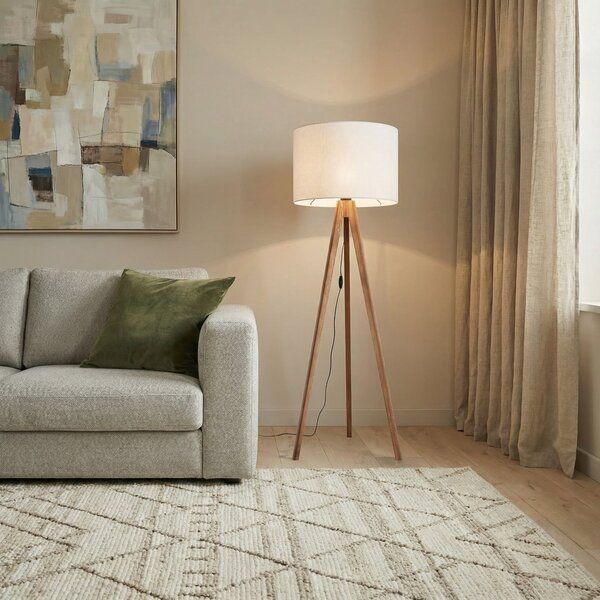 TK Lighting Stojna svetilka Grand, krem/oreh, višina 145 cm, E27, Les, Dnevna soba / jedilnica, Les, Sodobni, Tripod