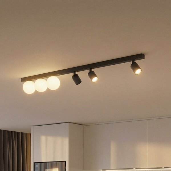 TK Lighting Stropna svetilka Vox, 6-žarčasta, steklo, črna, dolžina 159 cm, zatemnjen, Črna, Dnevna soba / jedilnica, Steklo