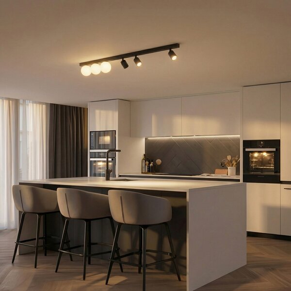 TK Lighting Stropna svetilka Vox, 6-žarčasta, steklo, črna, dolžina 159 cm, zatemnjen, Črna, Dnevna soba / jedilnica, Steklo