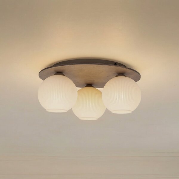 TK Lighting Stropna svetilka Virlo, 3-žarnica, opalno steklo, les, Ø 42 cm, zatemnjen, Les, Dnevna soba / jedilnica, Steklo