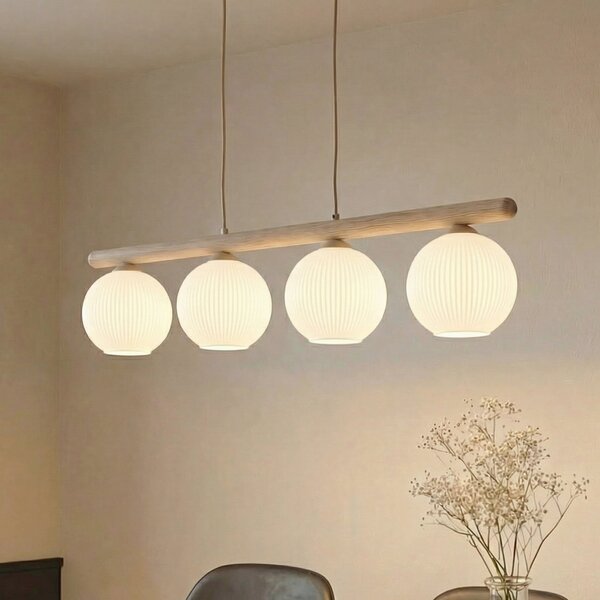 TK Lighting Visoka svetilka Virlo, 4-žarnica, les, opalno steklo, dolžina 95 cm, zatemnjen, Bela, Dnevna soba / jedilnica, Steklo