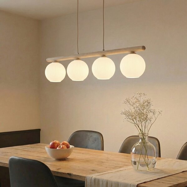 TK Lighting Visoka svetilka Virlo, 4-žarnica, les, opalno steklo, dolžina 95 cm, zatemnjen, Bela, Dnevna soba / jedilnica, Steklo