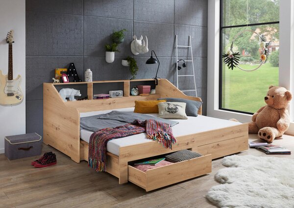 RAZTEGLJIVA POSTELJA 90-180 cm x 200 cm , temno siva, hrast artisan