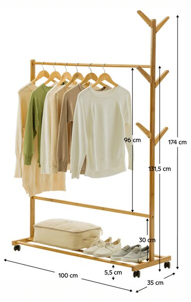 KONDELA Premično stojalo za oblačila, bambus, širina 100 cm, VIKIR tip 3