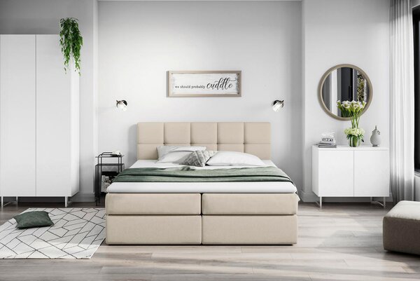 POSTELJA Z VZMETNICO 200 cm x 220 cm , les, tekstil, leseni material krem barve