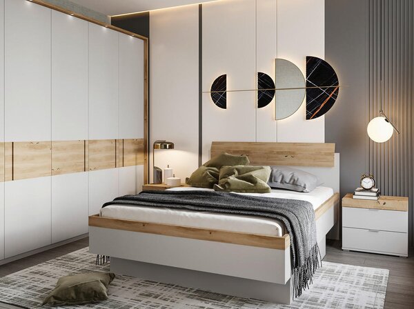 POSTELJA 140 cm x 200 cm , les, leseni material barve hrasta, svetlo siva