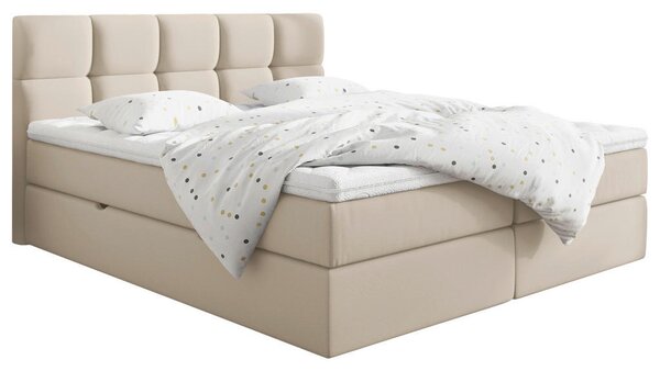 POSTELJA Z VZMETNICO 200 cm x 220 cm , les, tekstil, leseni material krem barve