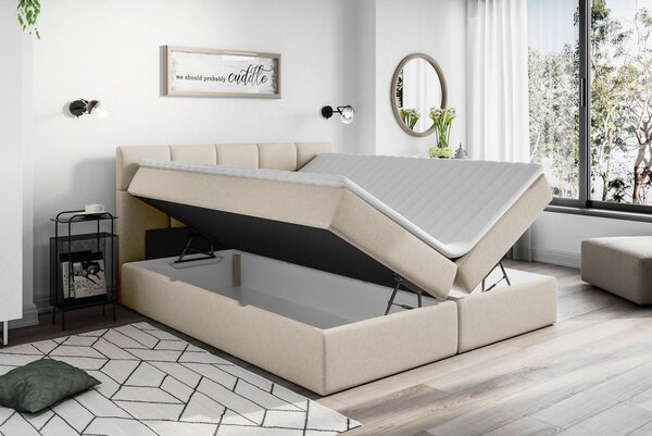 POSTELJA Z VZMETNICO 200 cm x 220 cm , les, tekstil, leseni material krem barve