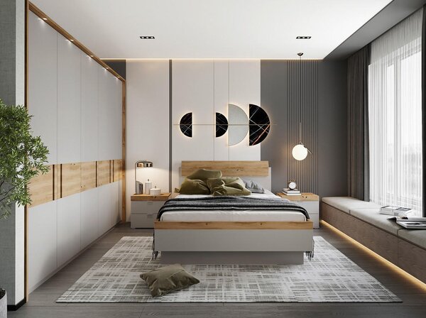 POSTELJA 140 cm x 200 cm , les, leseni material barve hrasta, svetlo siva
