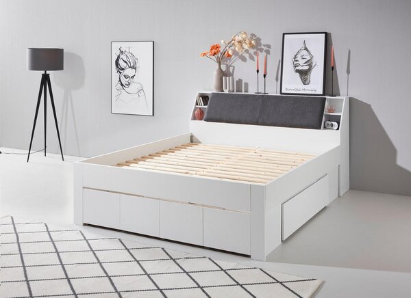 POSTELJA 180 cm x 200 cm , tekstil, leseni material siva, bela