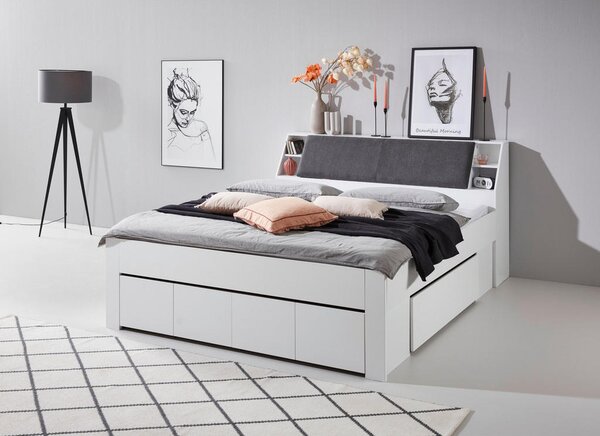 POSTELJA 180 cm x 200 cm , tekstil, leseni material siva, bela