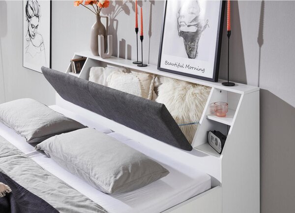 POSTELJA 180 cm x 200 cm , tekstil, leseni material siva, bela