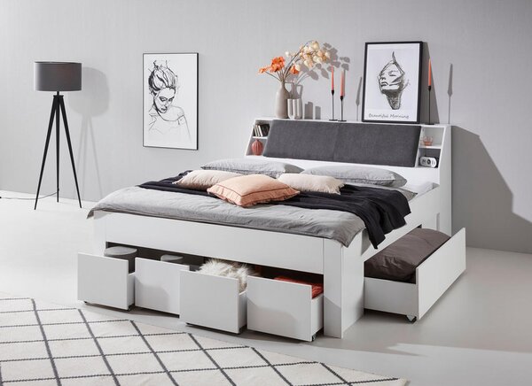 POSTELJA 180 cm x 200 cm , tekstil, leseni material siva, bela