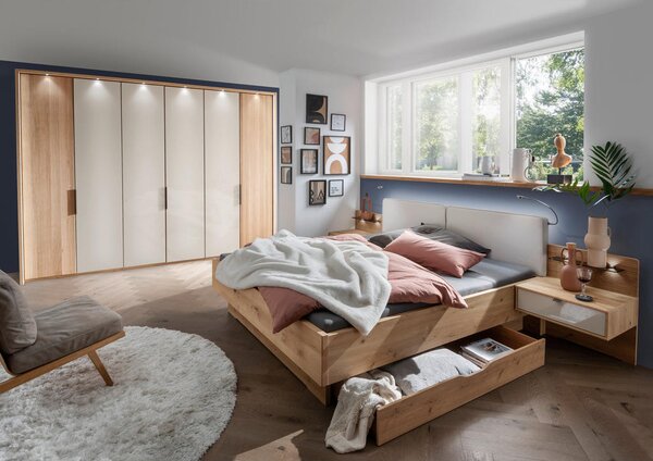 POSTELJNA GARNITURA 180 cm x 200 cm , les, tekstil, leseni material barve šampanjca, hrast bianco