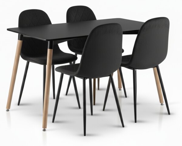 Jedilni set 1 + 4, črna miza ADRIA 120x80 cm + črni žametni stol ASTI s črnimi nogami