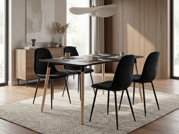 Jedilni set 1 + 4, črna miza ADRIA 120x80 cm + črni žametni stol ASTI s črnimi nogami