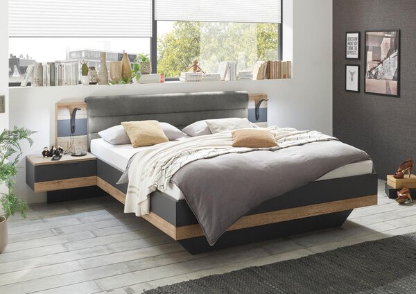 POSTELJNA GARNITURA 180 cm x 200 cm , tekstil, leseni material barve grafita, barve hrasta