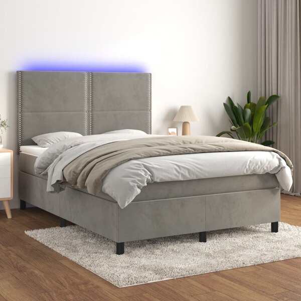 VidaXL Box spring postelja z vzmetnico LED sv. siva 140x190 cm žamet