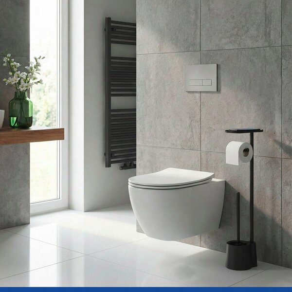 Črno plastično stojalo za WC papir z WC ščetko Albella – Wenko