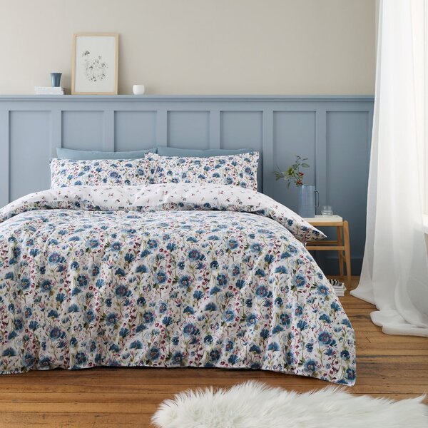 Bela/modra flanelna posteljnina za zakonsko posteljo 200x200 cm Ophelia Floral – Bianca