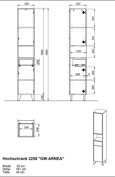 Kremno bela visoka kopalniška omarica v mat dekorju 33x181 cm Arnea – Germania