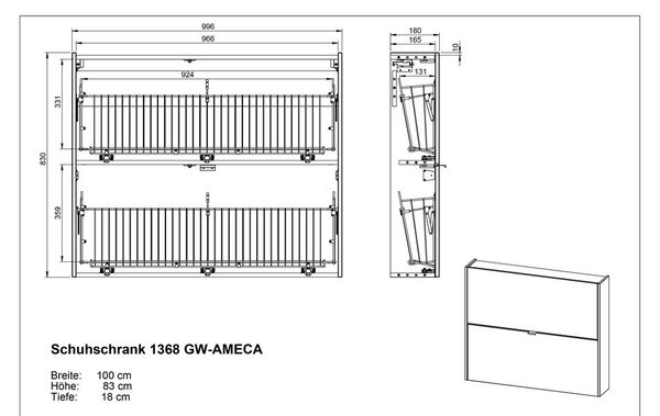 Antracitno siva preklopna/stenska omarica za čevlje v hrastovem dekorju 100x83x18 cm Ameca – Germania