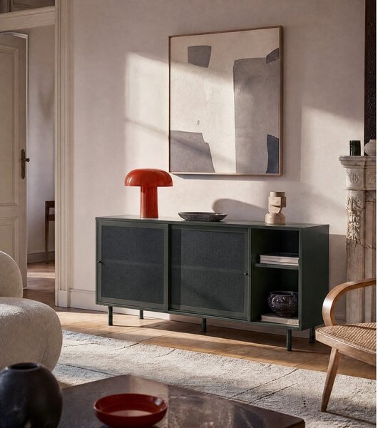 Temno zelena kovinska nizka komoda z drsnimi vrati 160x75 cm Veep – Unique Furniture