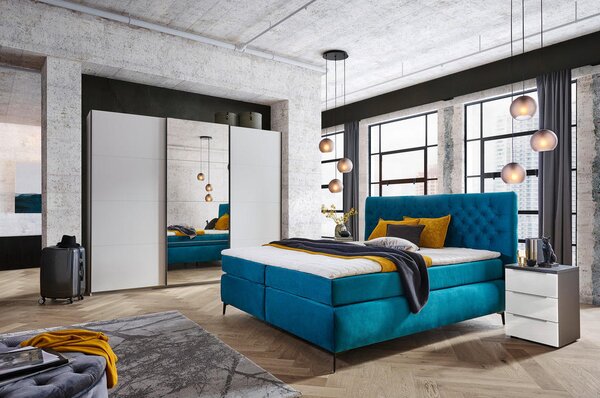 BOXSPRING POSTELJA 160 cm x 200 cm , tekstil, leseni material turkizna