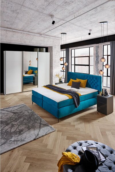 BOXSPRING POSTELJA 160 cm x 200 cm , tekstil, leseni material turkizna