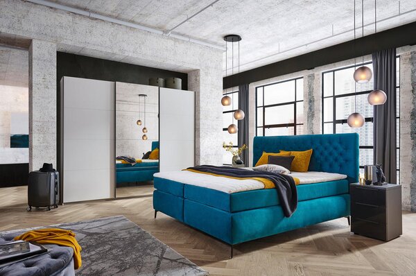 BOXSPRING POSTELJA 160 cm x 200 cm , tekstil, leseni material turkizna