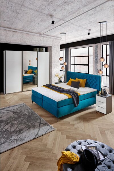 BOXSPRING POSTELJA 160 cm x 200 cm , tekstil, leseni material turkizna