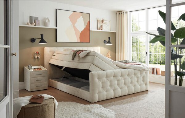 POSTELJA BOXSPRING 180 cm x 200 cm , tekstil, leseni material krem barve