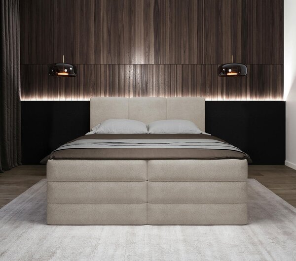POSTELJA BOXSPRING 160 cm x 200 cm , les, tekstil, leseni material krem barve