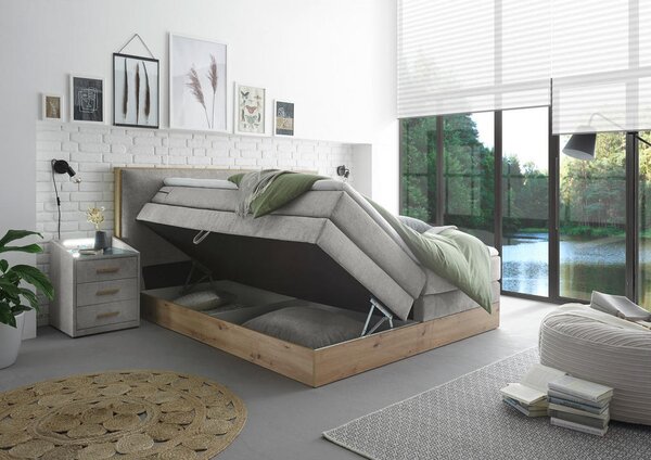 POSTELJA BOXSPRING 180 cm x 200 cm , les, tekstil, leseni material svetlo siva
