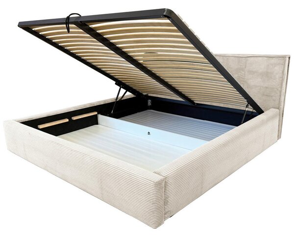 OBLAZINJENA POSTELJA 180 cm x 200 cm , les, tekstil, leseni material krem barve