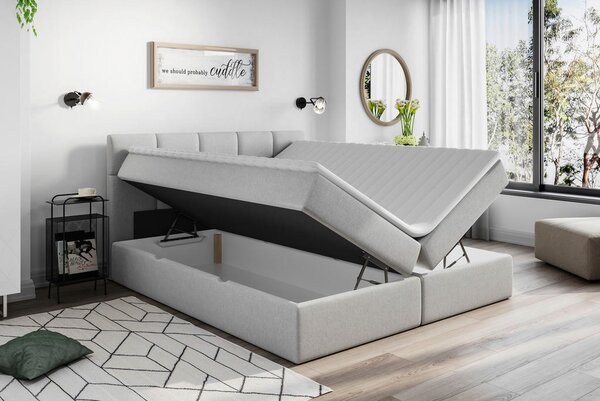 POSTELJA Z VZMETNICO 200 cm x 220 cm , les, tekstil, leseni material svetlo siva