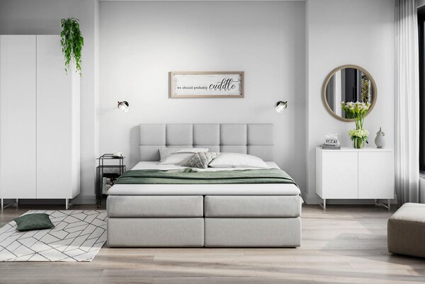 POSTELJA Z VZMETNICO 200 cm x 220 cm , les, tekstil, leseni material svetlo siva