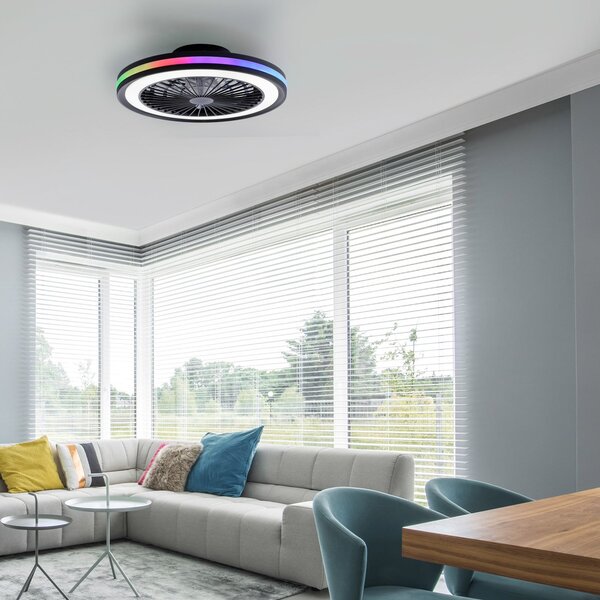 JUST LIGHT. GmbH LED stropni ventilator Brandon, črn, RGBW, CCT, premer 46,5 cm, zatemnjen, Črna, Dnevna soba / jedilnica, Plastika, Sodobni