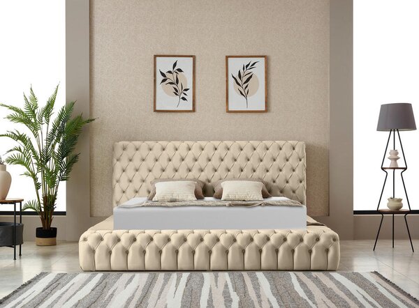 OBLAZINJENA POSTELJA 180 cm x 200 cm , kovina, tekstil naravne barve
