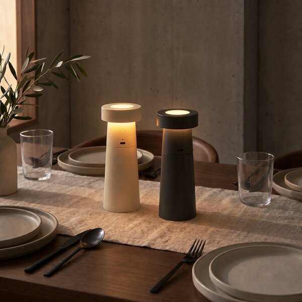 Lucande LED solnica in poperka Salt & Pepper, komplet 2 kosov, Siva, Dnevna soba / jedilnica, Plastika, Sodobni