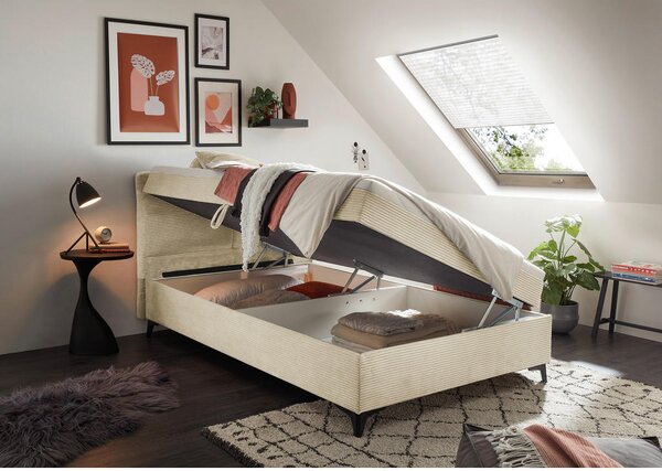 POSTELJA Z VZMETNICO 120 cm x 200 cm , tekstil, leseni material krem barve