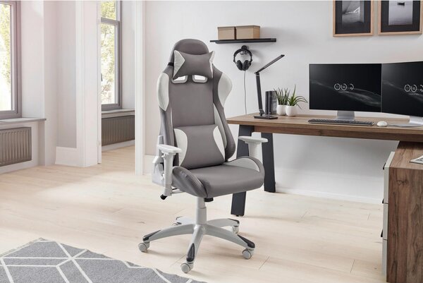 GAMING STOL umetna masa, tekstil siva, bela