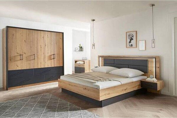 POSTELJNA GARNITURA 180 cm x 200 cm , tekstil, leseni material siva, hrast artisan