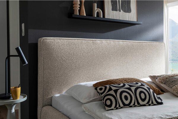 OBLAZINJENA POSTELJA 180 cm x 200 cm , leseni material, tekstil krem barve, črna