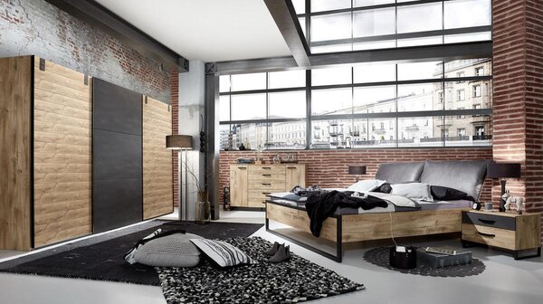 POSTELJA 180 cm x 200 cm , leseni material barve grafita, barve hrasta