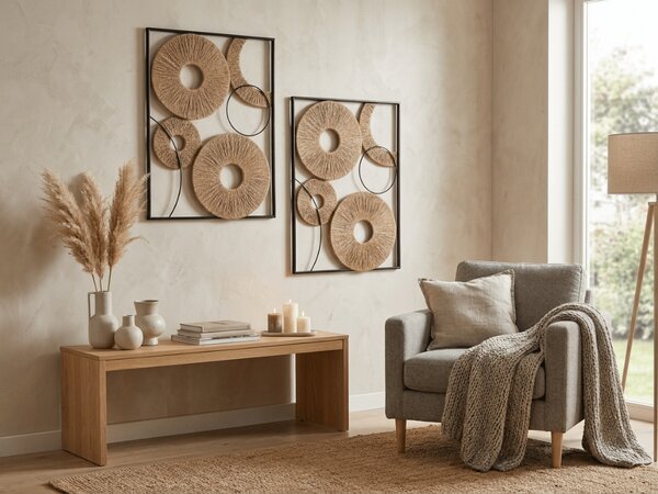 Set 2 kosov stenske dekoracije CIRCLES kovina 48x68 cm, črna / rjava