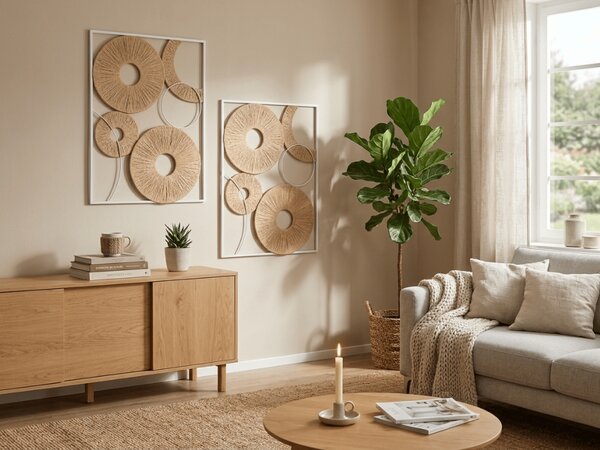 Set 2 stenska dekoracija CIRCLES kovina 48x68 cm, bela / bež