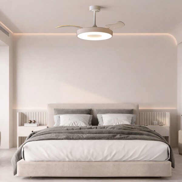 Mantra Iluminación Pametni LED stropni ventilator Coin, bež/bel, DC, tih, CCT, zatemnjen, Bež, Dnevna soba / jedilnica, Kovina, Sodobni