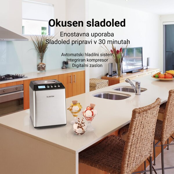 Klarstein Vanilly Sky Family, aparat za pripravo sladoleda in zamrznjenega jogurta, sladoledar, 250 W, 2,4 l, srebrn