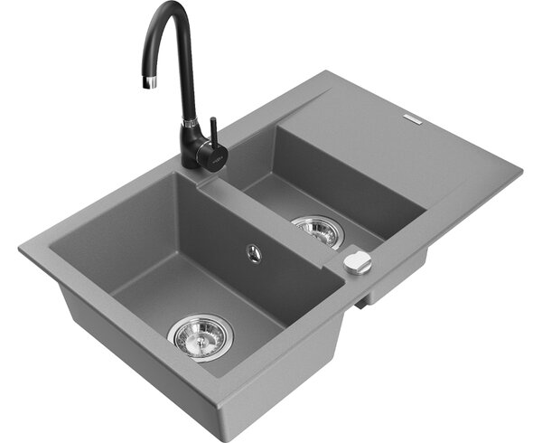 Mexen Gaspar Granitno korito z 1,5 komorami z odcejalnikom in kuhinjsko pipo Telma, siva - 6507-71-670200-70